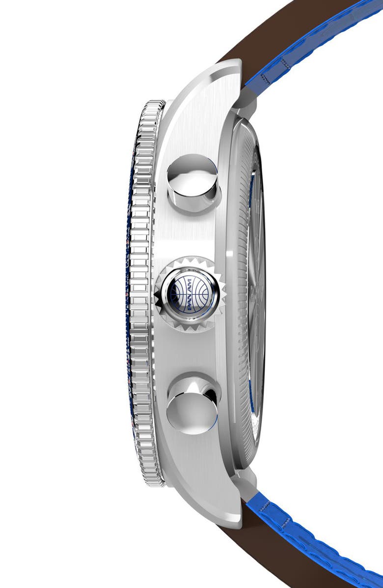 Timex<sup>®</sup> x Pan Am<sup>®</sup> Waterbury Fly Back Chronograph Leather Strap Watch, 43mm, Alternate, color,