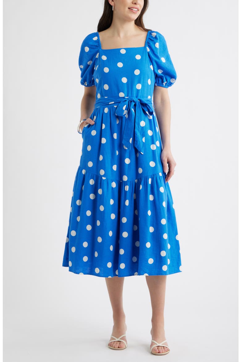 Puff Sleeve Linen Blend Midi Dress, Main, color, BLUE PALACE- IVORY TULLA DOT