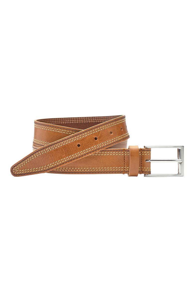 Triple Contrast Stitch Leather Belt, Main, color, TAN