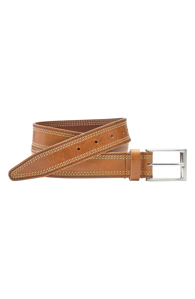 Johnston & Murphy Triple Contrast Stitch Leather Belt, Main, color, Tan