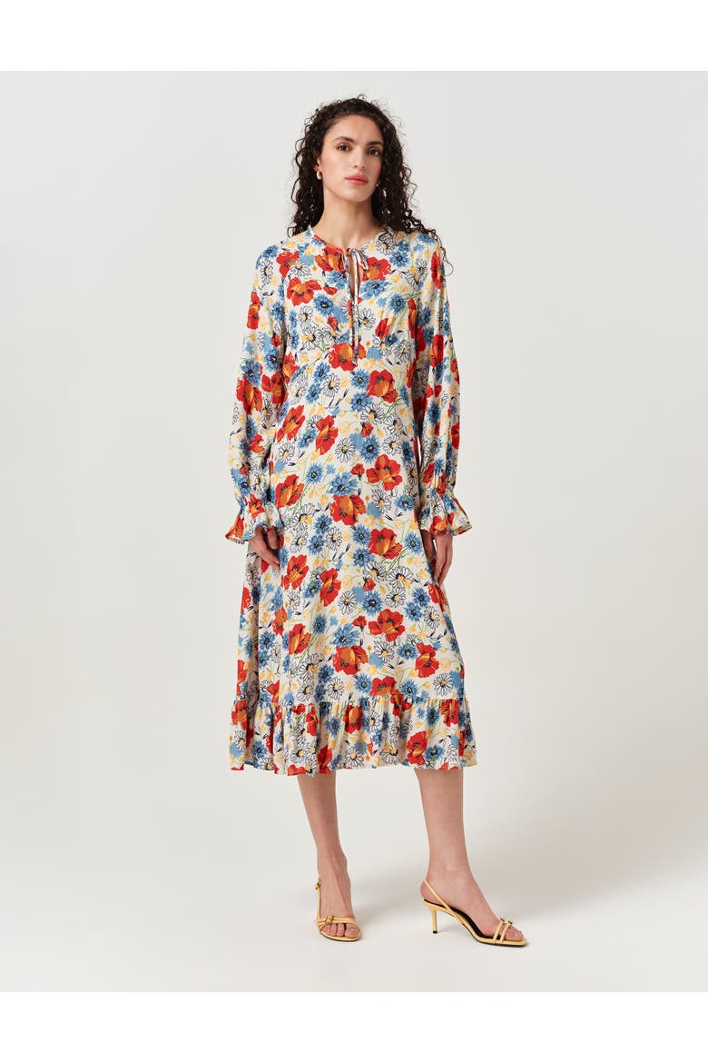 Georgie Tie Neck Crepe Midi Dress, Main, color, Ivory Floral