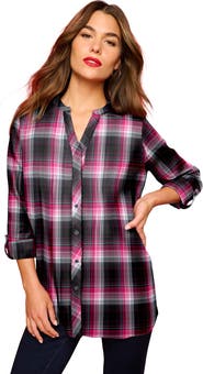 Roaman's Plaid Flannel Pintuck Blouse