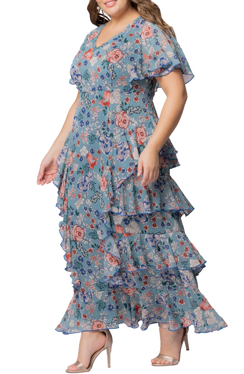 Kiyonna Tour de Flounce Tiered Maxi Dress, Alternate, color, Blue Garden Print