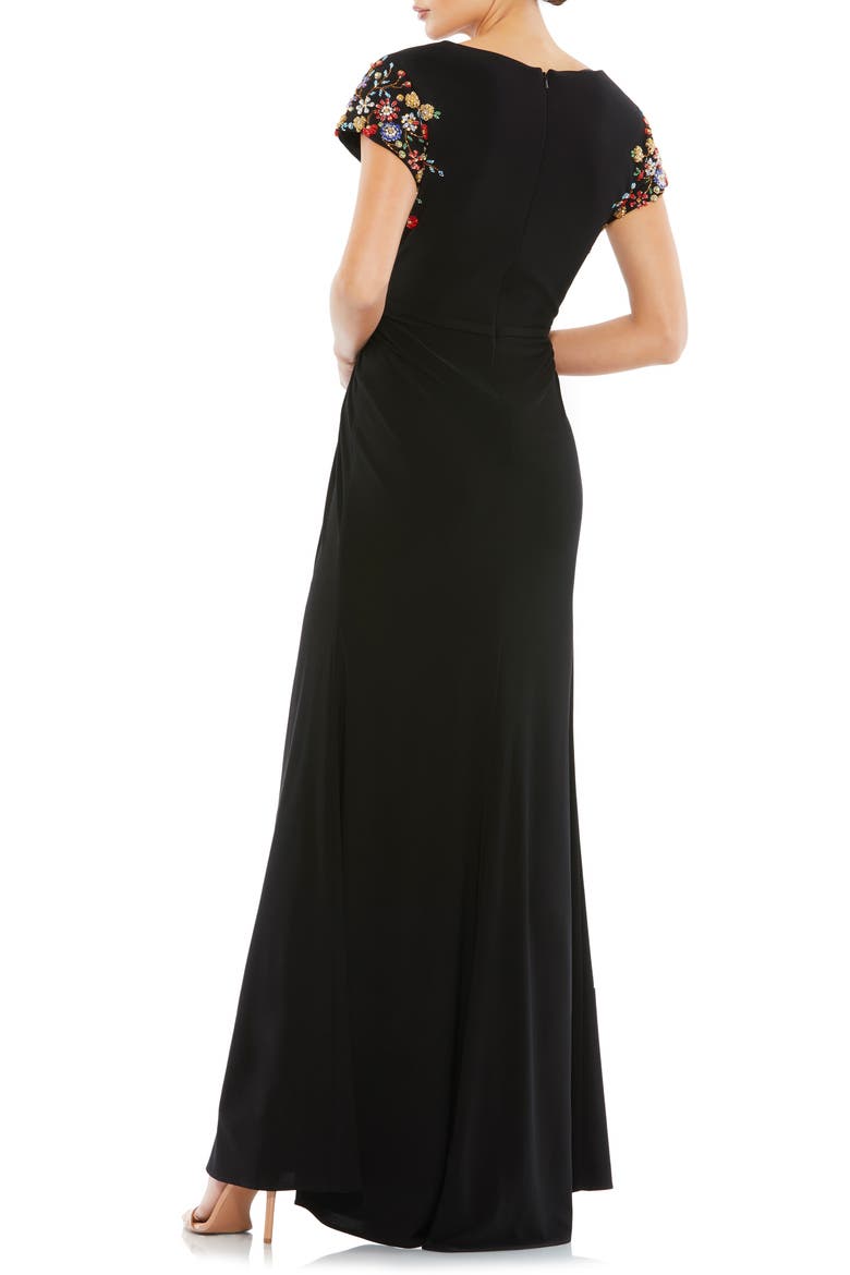 Embellished Cap Sleeve Jersey Wrap Gown, Alternate, color, BLACK MULTI
