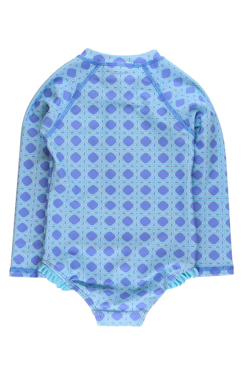 RuffleButts Girls UPF50+ Sun Protection Long Sleeve Rash Guard One Piece, Alternate, color, Periwinkle Blue Coastal Cane