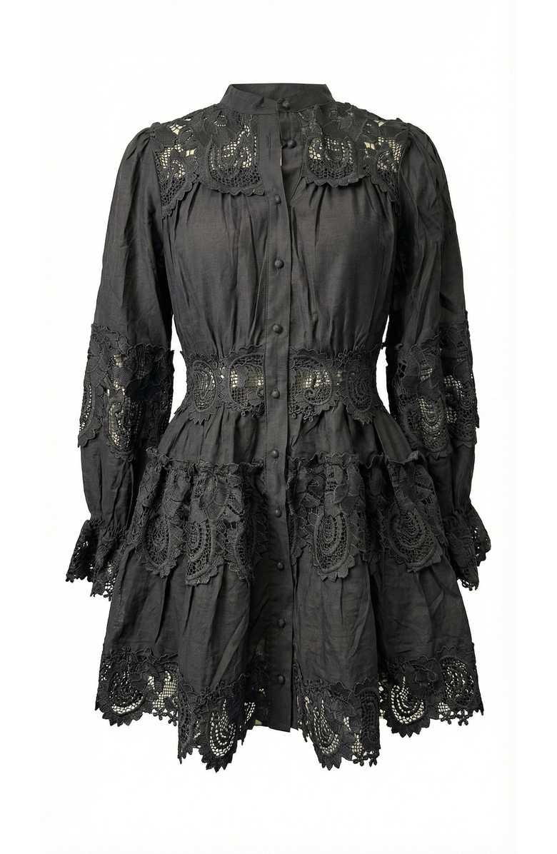 Modenaire Lace Trim Button Front Mini Dress, Alternate, color, Charcoal Grey