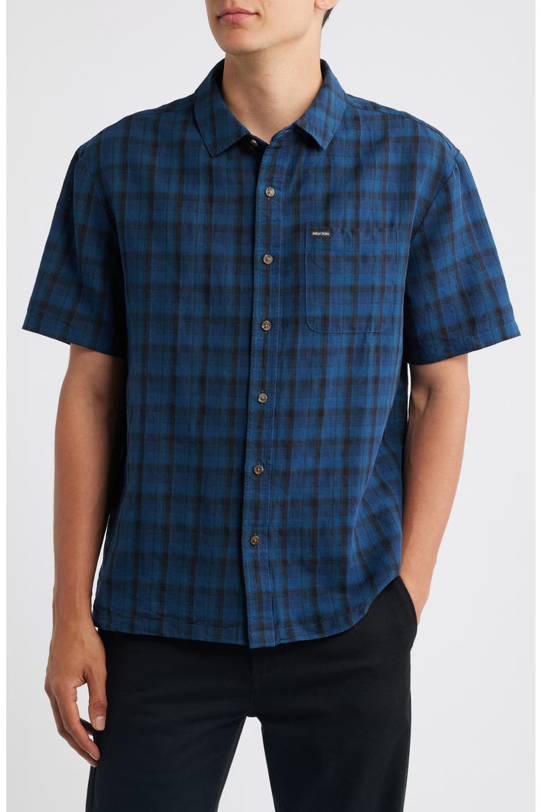 Cru Plaid Linen Blend Short Sleeve Shirt, Main, color, DARK BLUE/ BLACK PLAID