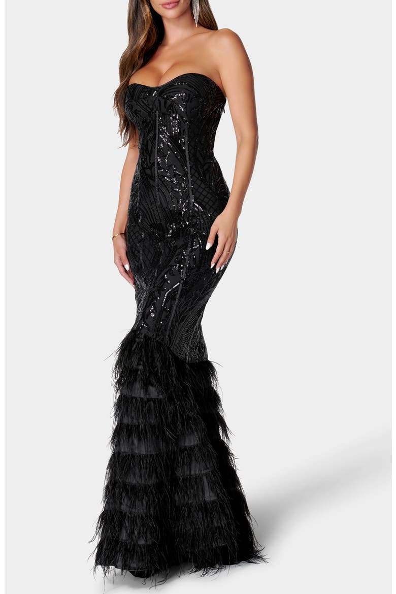 Sequin Feather Trim Strapless Gown, Alternate, color, BLACK
