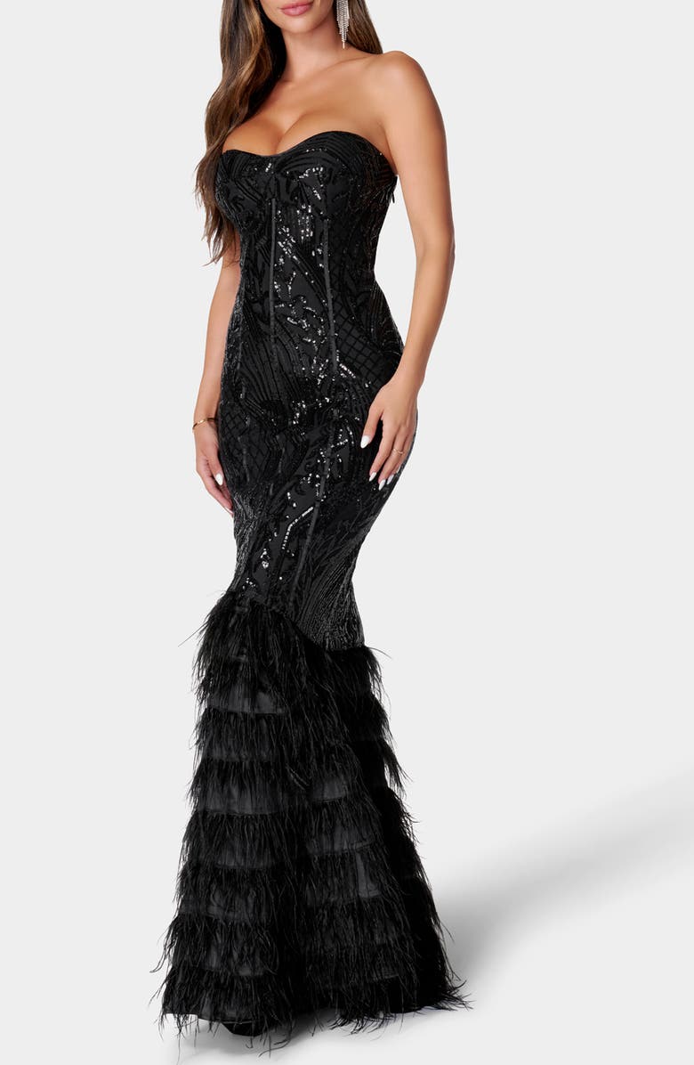 bebe Sequin Feather Trim Strapless Gown, Alternate, color, Black
