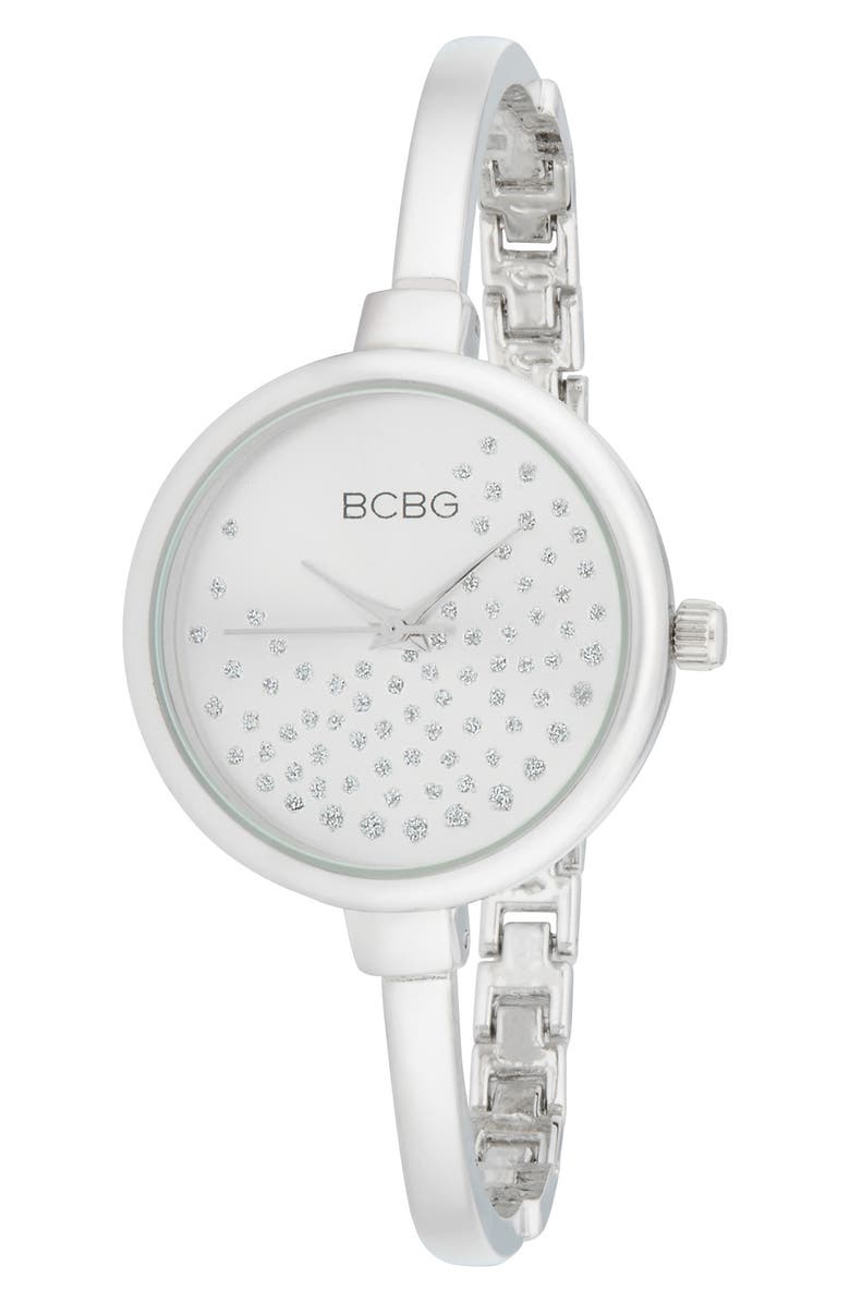 BCBG Crystal Dial Bracelet Watch, 32mm, Main, color, Silver