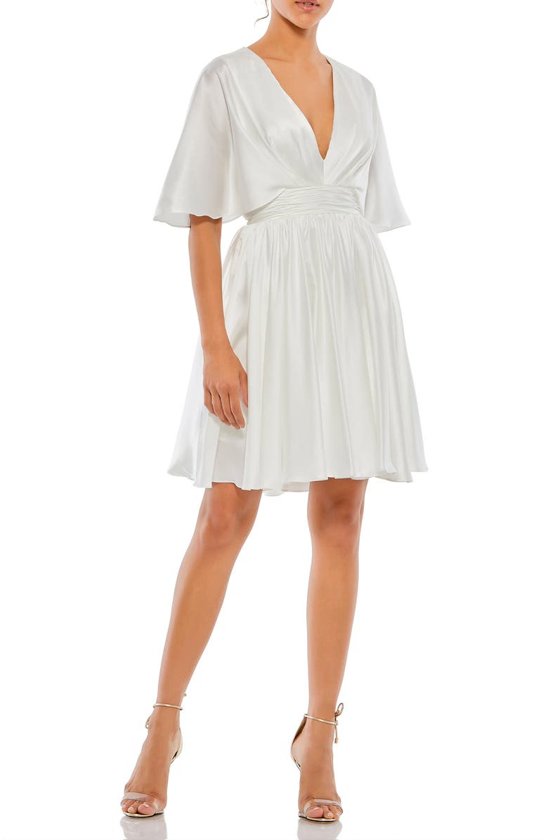 Mac Duggal Satin Cape Sleeve Mini with V-Neckline, Main, color, White