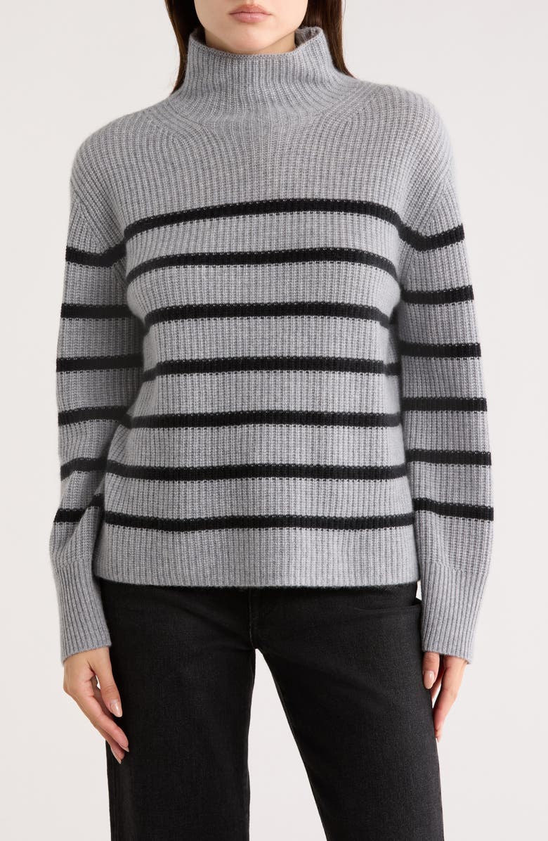 Nordstrom Cashmere Stripe Mock Neck Ribbed Sweater, Main, color, Grey Heather- Black Stripe