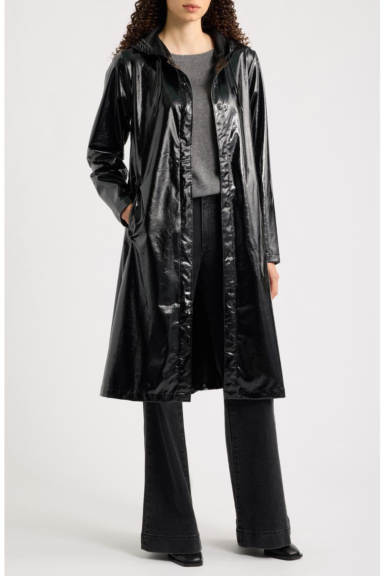 Waterproof A-Line Long Raincoat, Alternate, color, CRACKL BLACK
