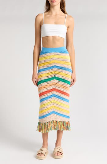 Mother The Fringe Midi Skirt Candy Stripe In Candy Stripe