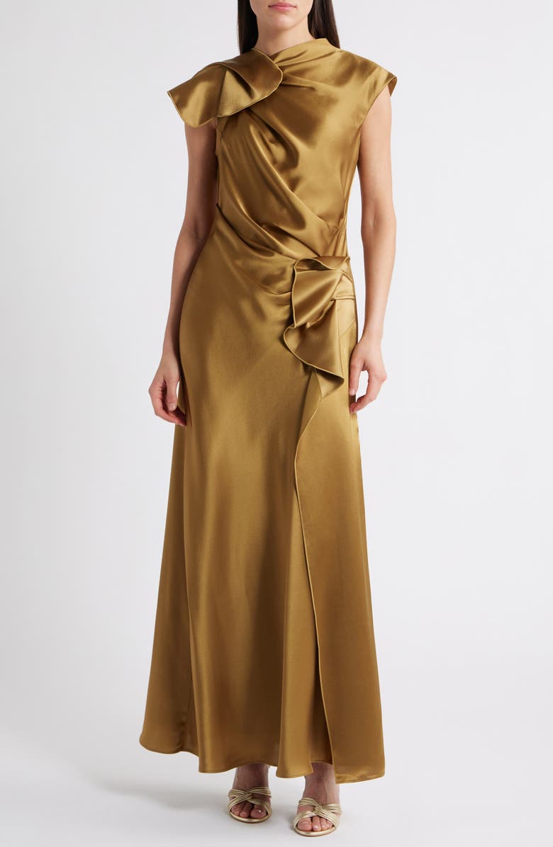Acler Ramshaw Metallic Pleated Satin Gown, Alternate, color, Golden Moss