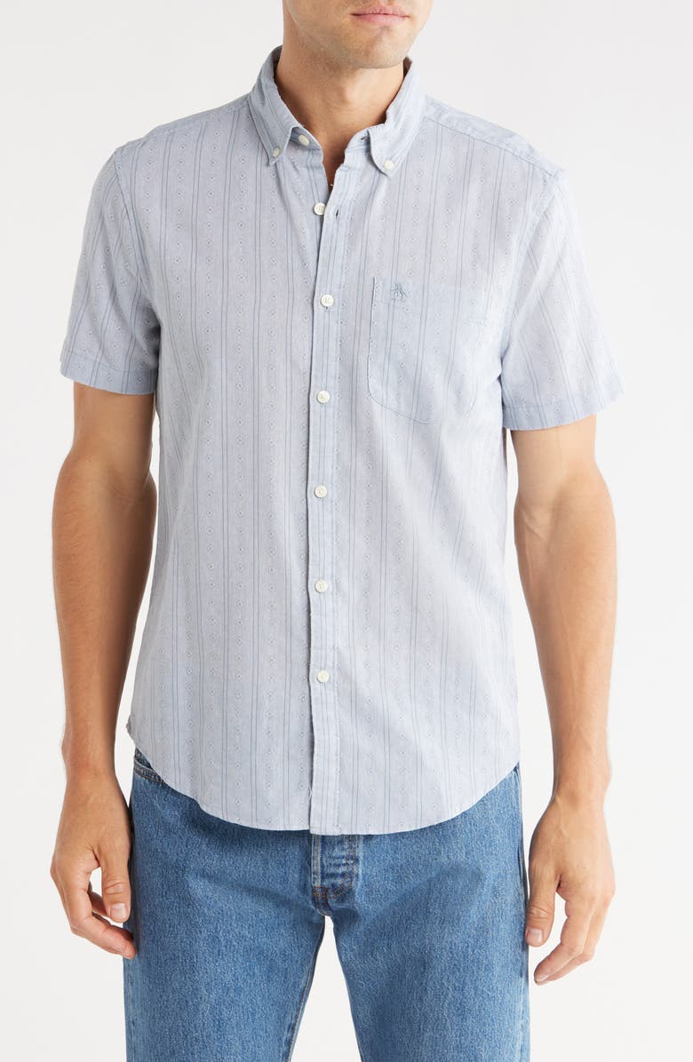 Original Penguin Geometric Cotton Dobby Short Sleeve Button-Up Shirt, Main, color, Citadel