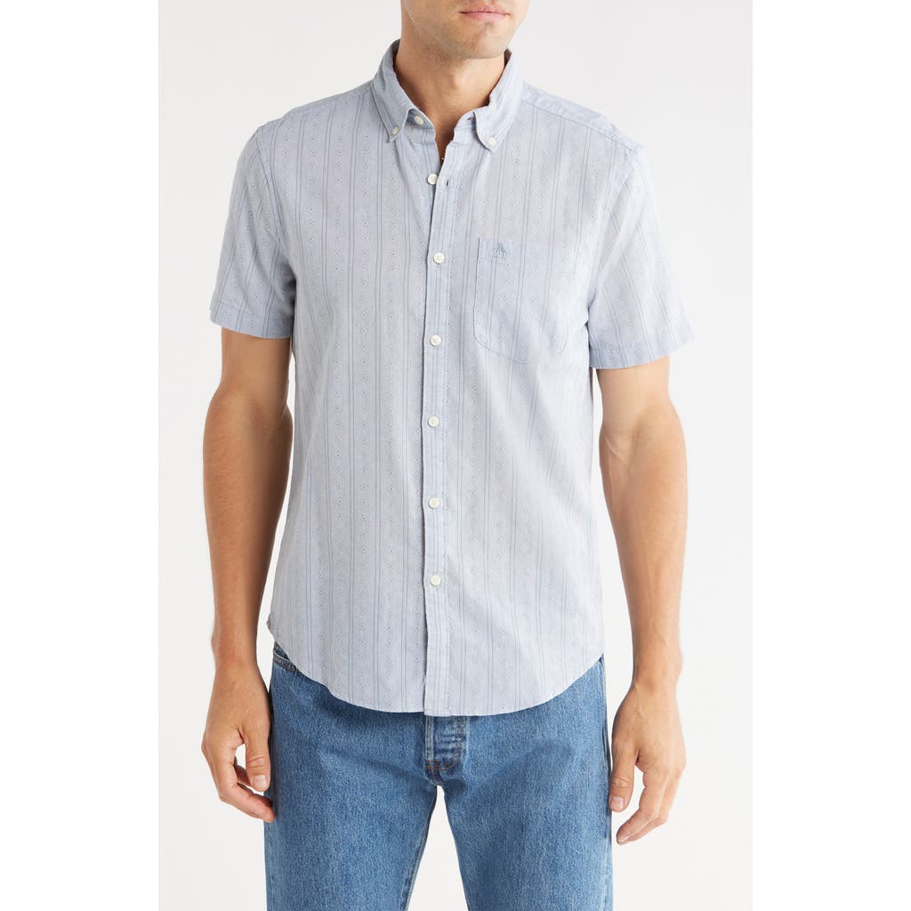 Original Penguin Geometric Cotton Dobby Short Sleeve Button-up Shirt In Gray