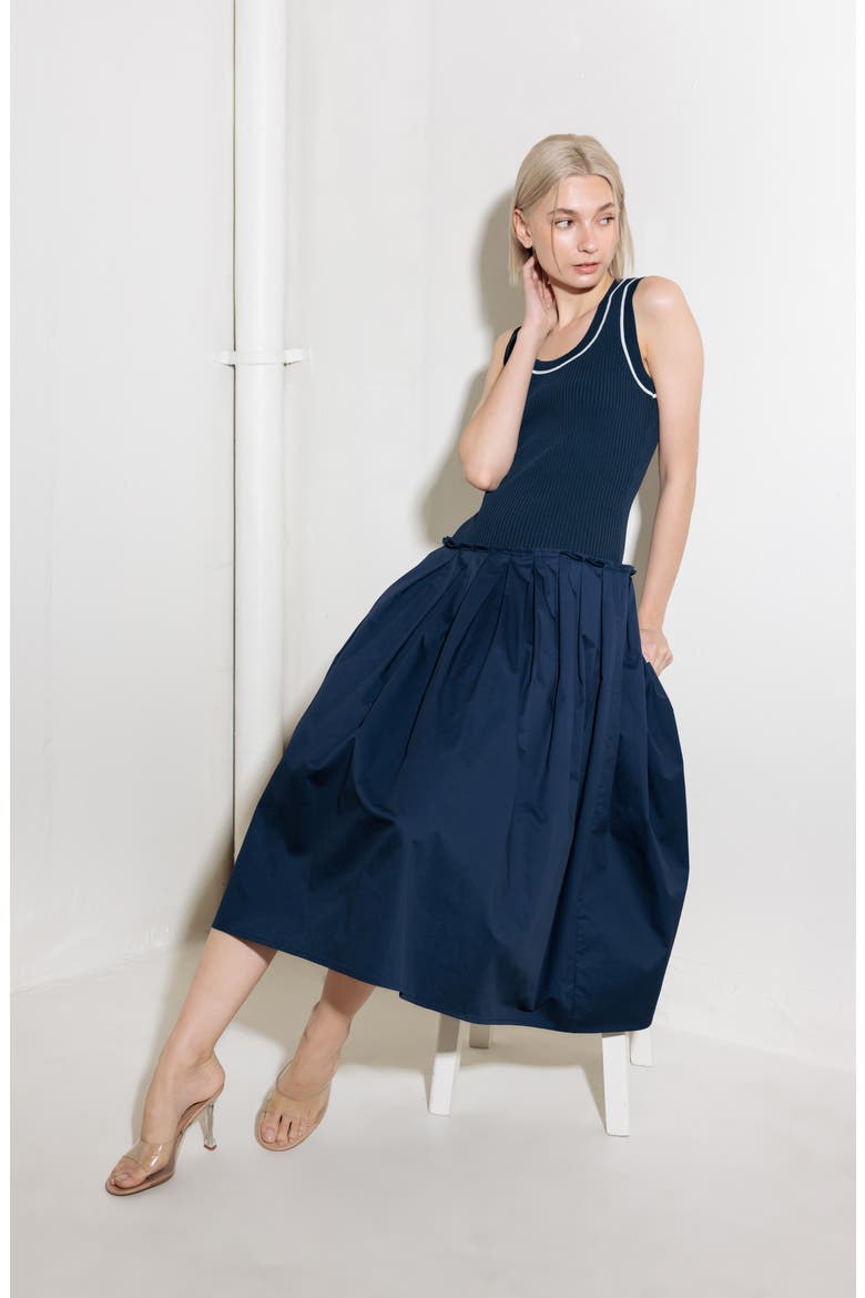 Mixed Media A-Line Dress, Alternate, color, NAVY/ WHITE