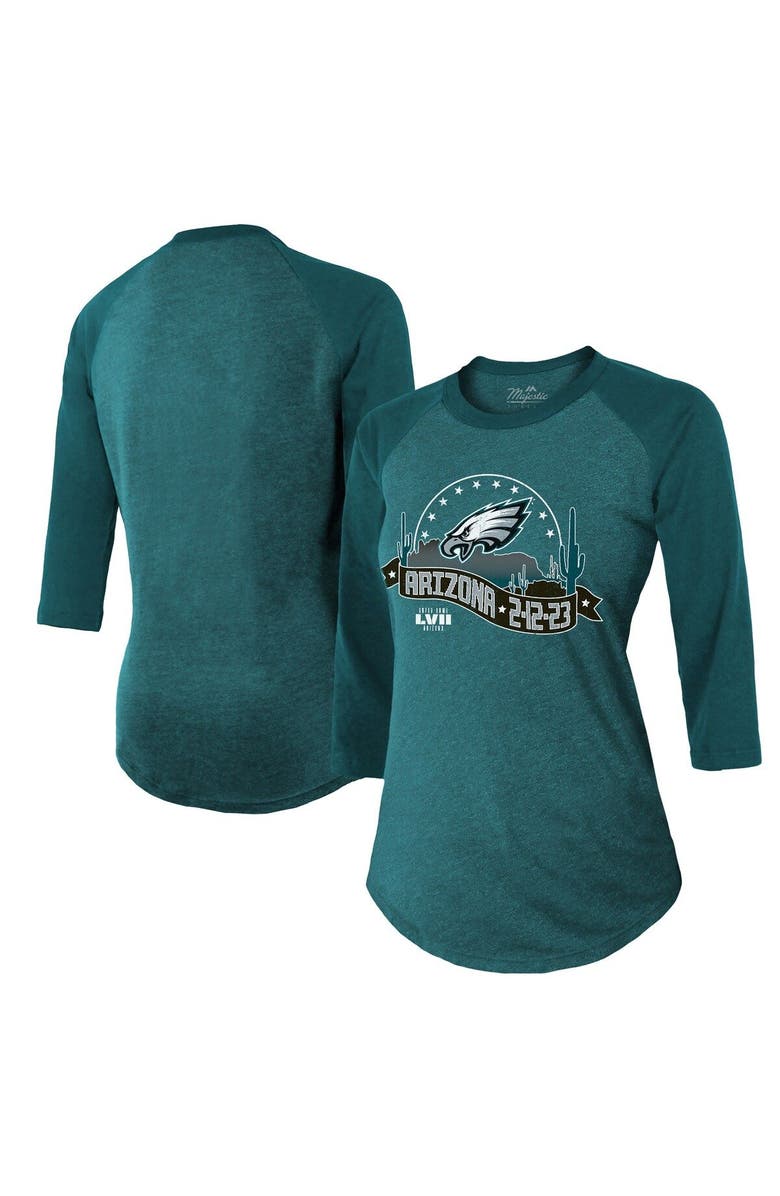 Majestic Threads Women's Majestic Threads Midnight Green Philadelphia Eagles Super Bowl LVII Desert Tri-Blend Raglan 3/4 Sleeve T-Shirt, Main, color, 