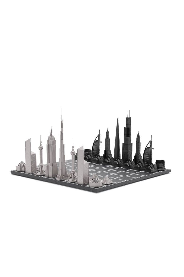 Chess Set Stainless Steel WORLD ICONS with Wood Grid Board, Main, color, Black