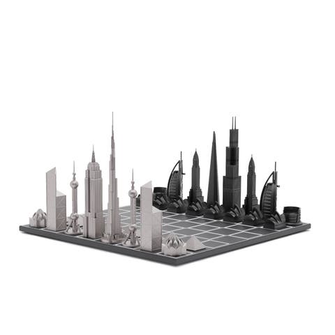 Chess Set Stainless Steel WORLD ICONS with Wood Grid Board