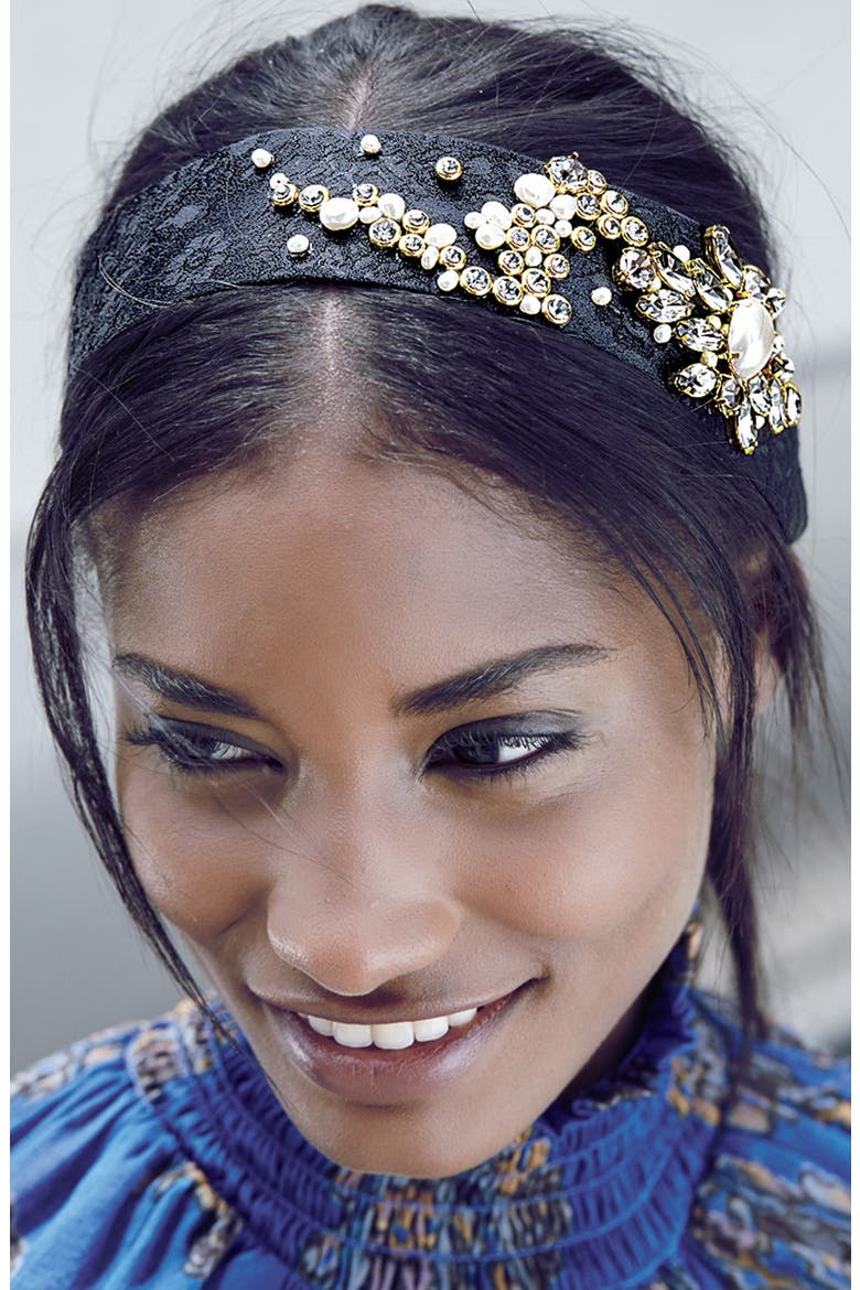 'Pearls' Head Wrap, Alternate, color, BLACK
