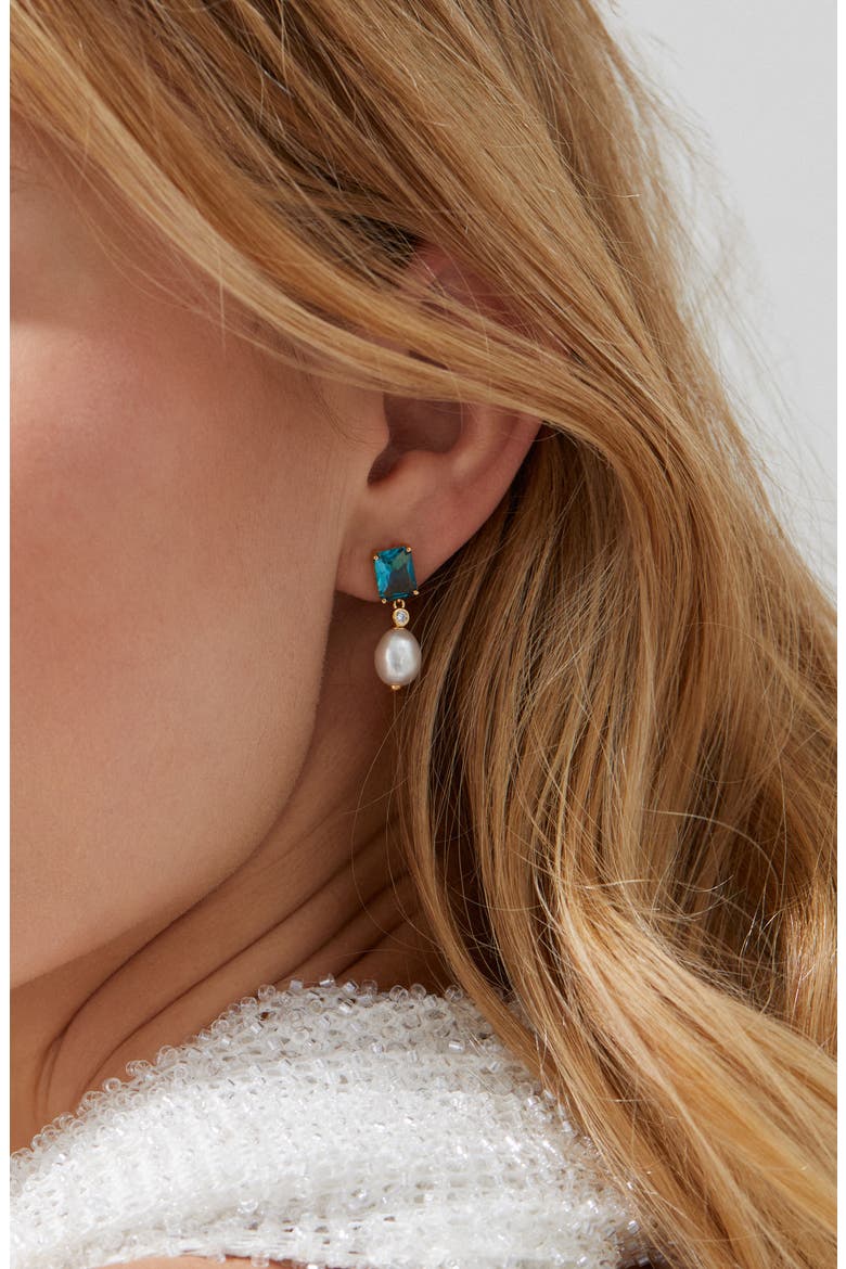 Blue Lagoon Cubic Zirconia & Freshwater Pearl Drop Earrings, Alternate, color, GOLD