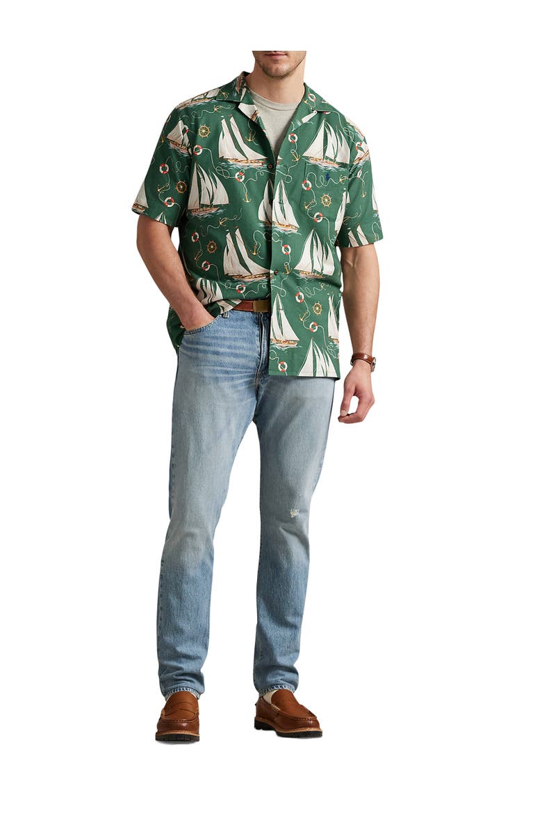 Big & Tall Sailboat-Print Oxford Camp Shirt, Alternate, color, HELMS ANCHORS