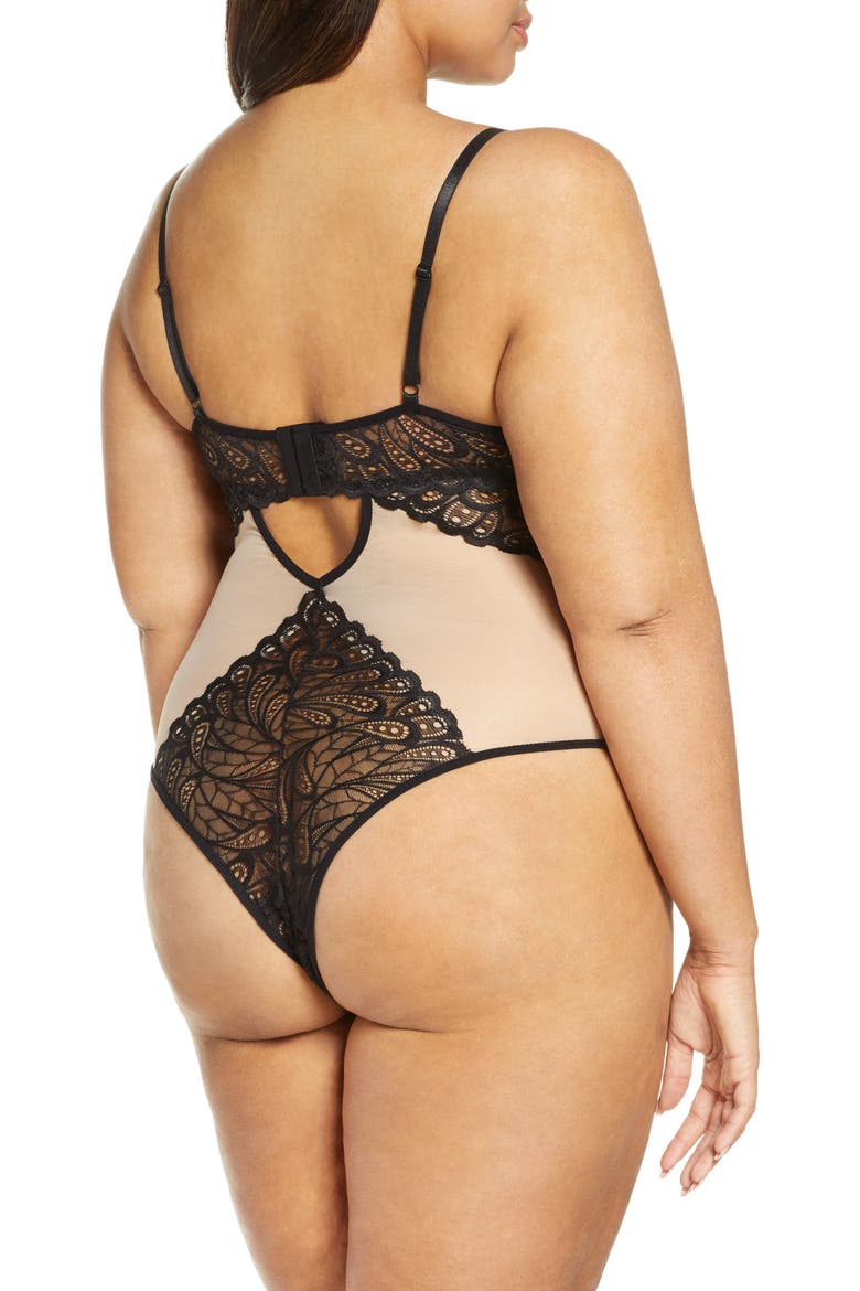 Lace Panel Undewire Teddy, Alternate, color, BLACK/ SAND