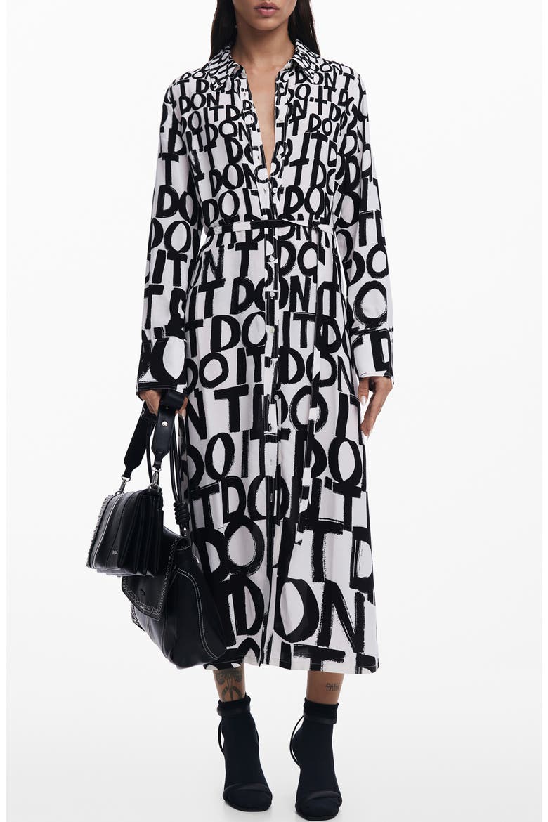 Print Tie Waist Maxi Shirtdress, Main, color, WHITE/BLACK