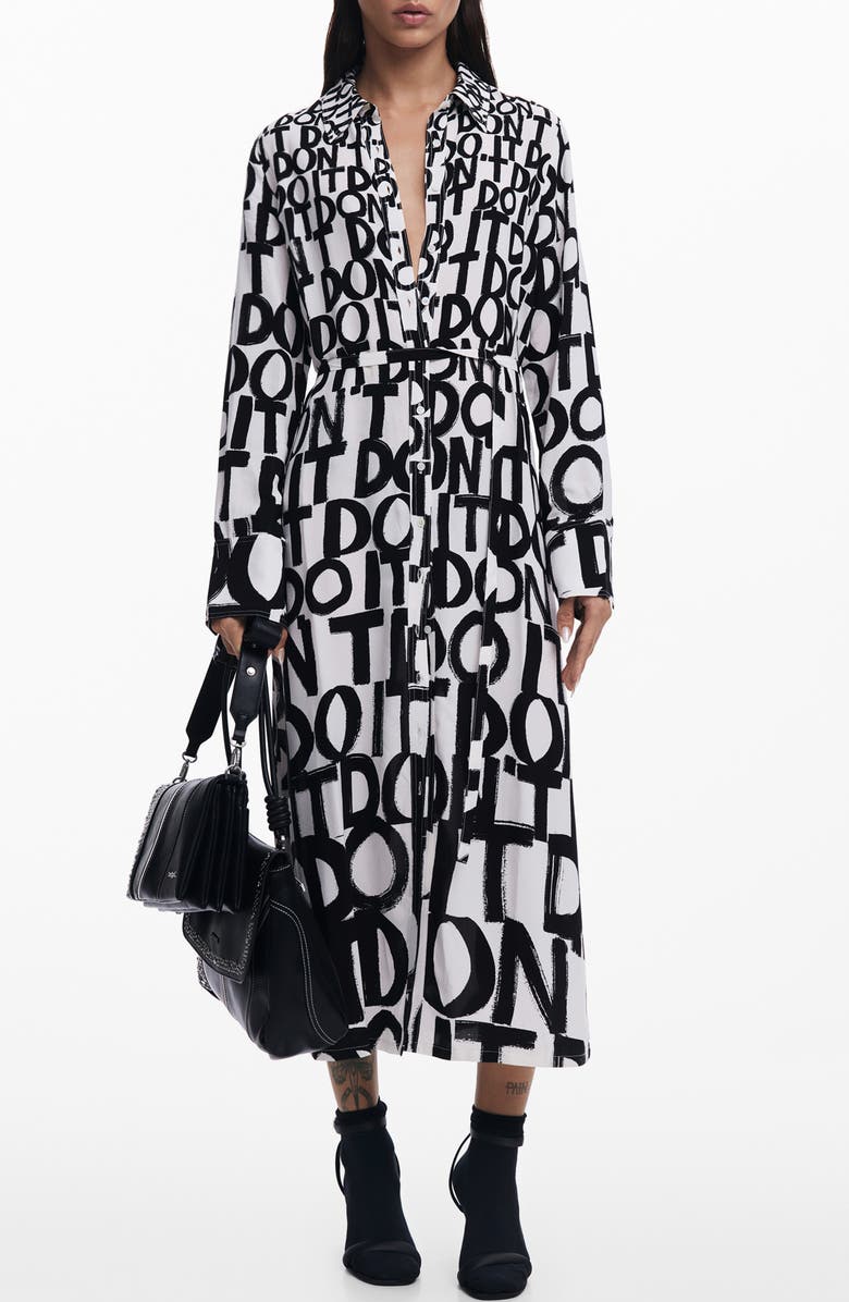 Desigual Print Tie Waist Maxi Shirtdress, Main, color, White/Black