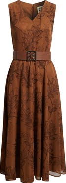 Anne Klein Embroidered Belted Fit & Flare Midi Dress