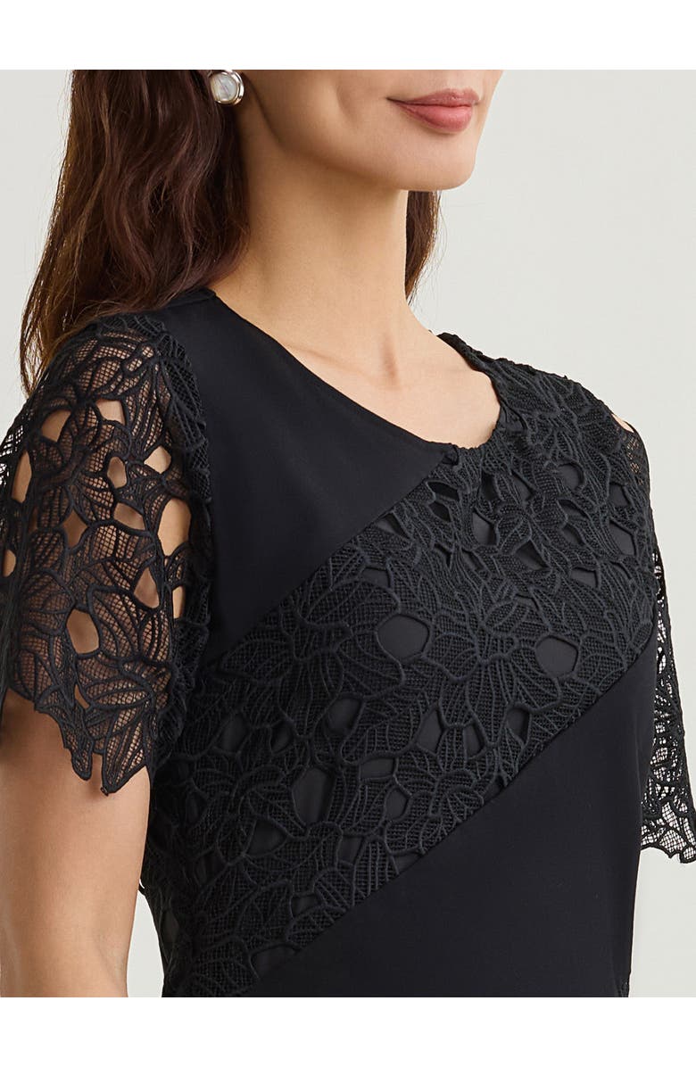 Misook Fit & Flare Lined Laced Mixed Media Midi Dress, Alternate, color, Black