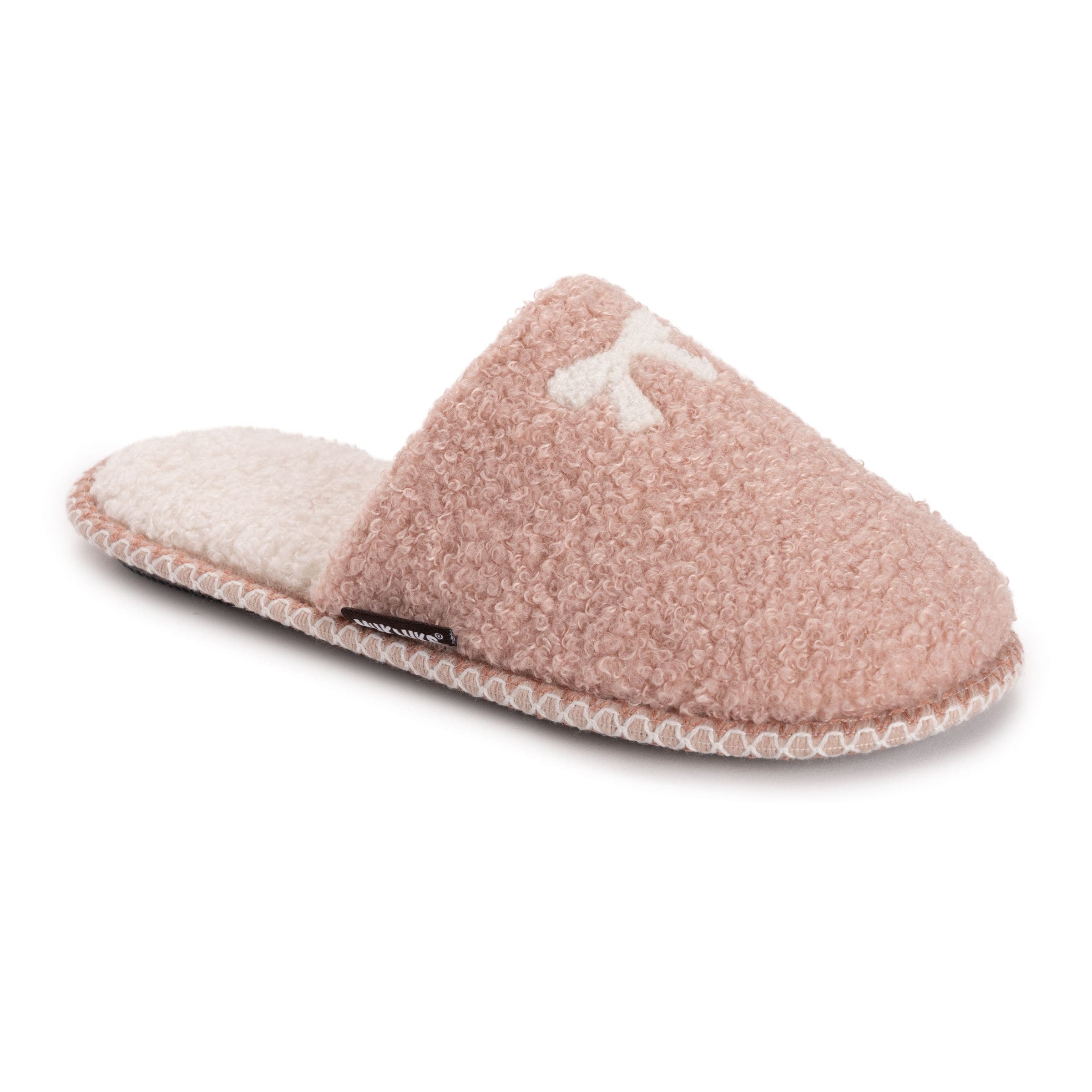 MUK LUKS Novelty Punch Needle Scuff Slipper, Main, color, Rose Pink Bow