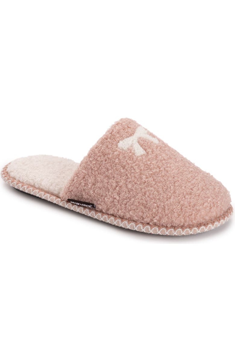 MUK LUKS Novelty Punch Needle Scuff Slipper, Main, color, Rose Pink Bow