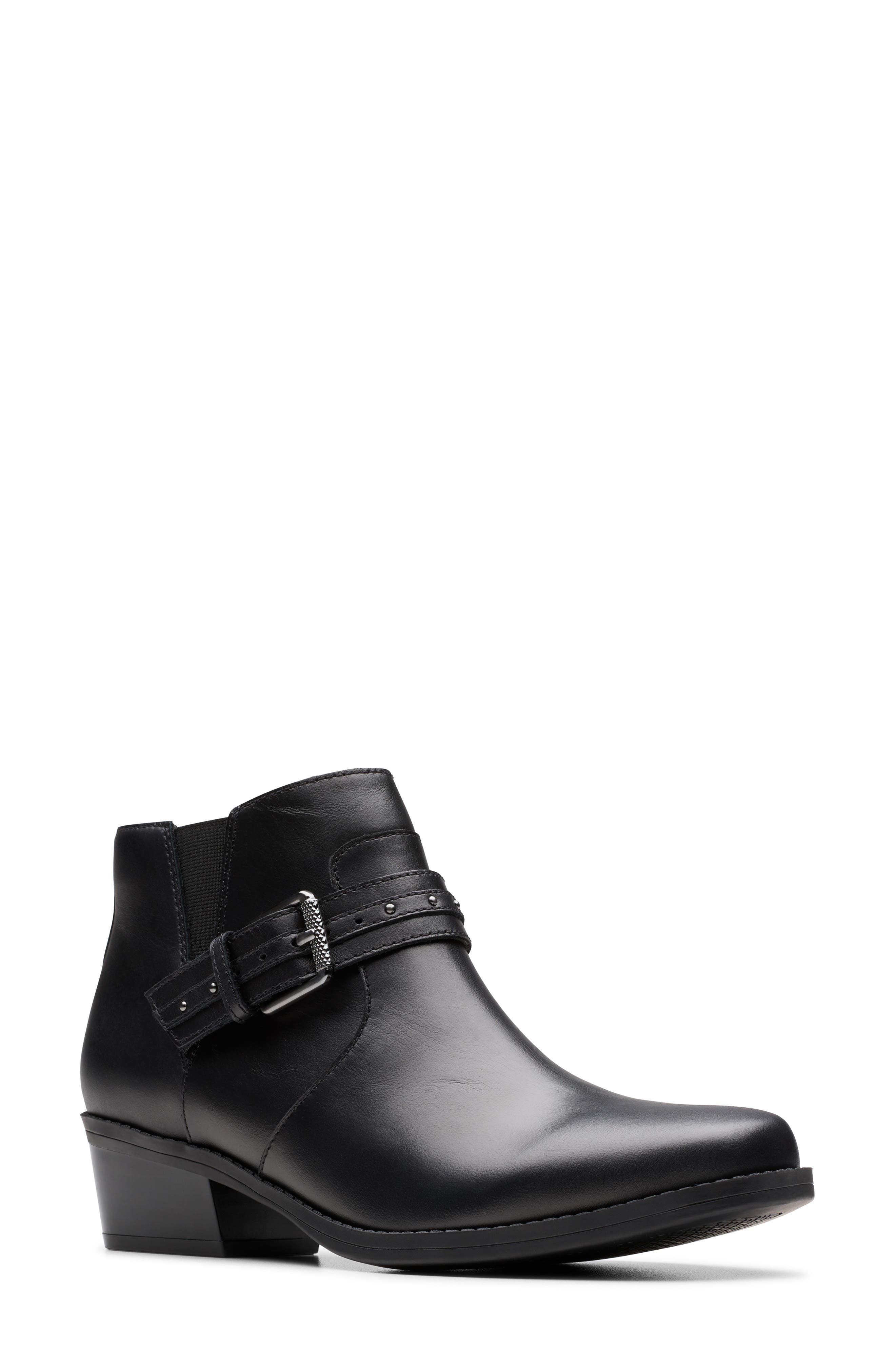 Clarks<sup>®</sup> Danyelle Wish Ankle Bootie - Wide Width Available, Main, color, Black Leather