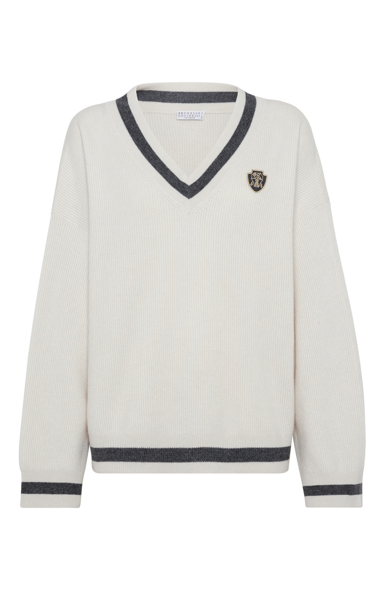 Brunello Cucinelli Cashmere English rib sweater with logo, Main, color, 