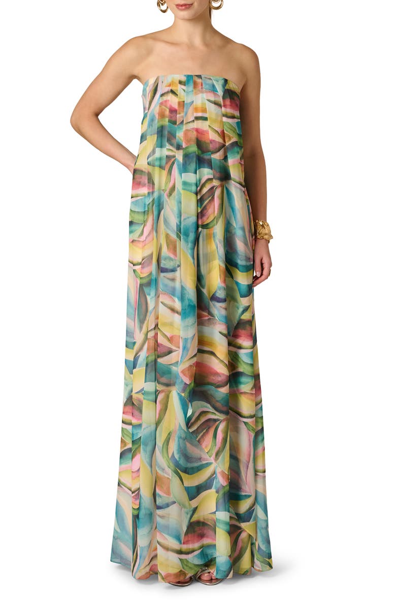 Adrianna Papell Print Strapless Chiffon Gown, Main, color, Green Multi
