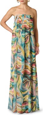 Adrianna Papell Print Strapless Chiffon Gown