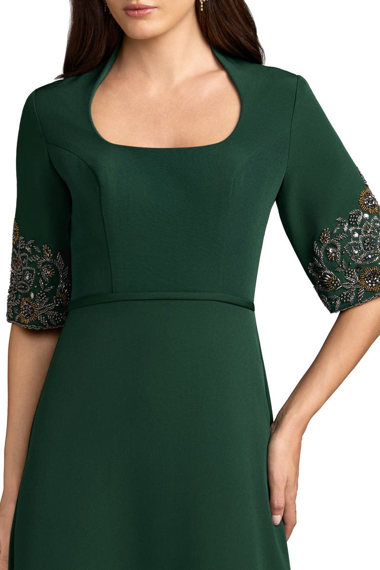 Petite Green Scoop Neck Beaded Cuff Crepe Gown, Alternate, color, Deep Green