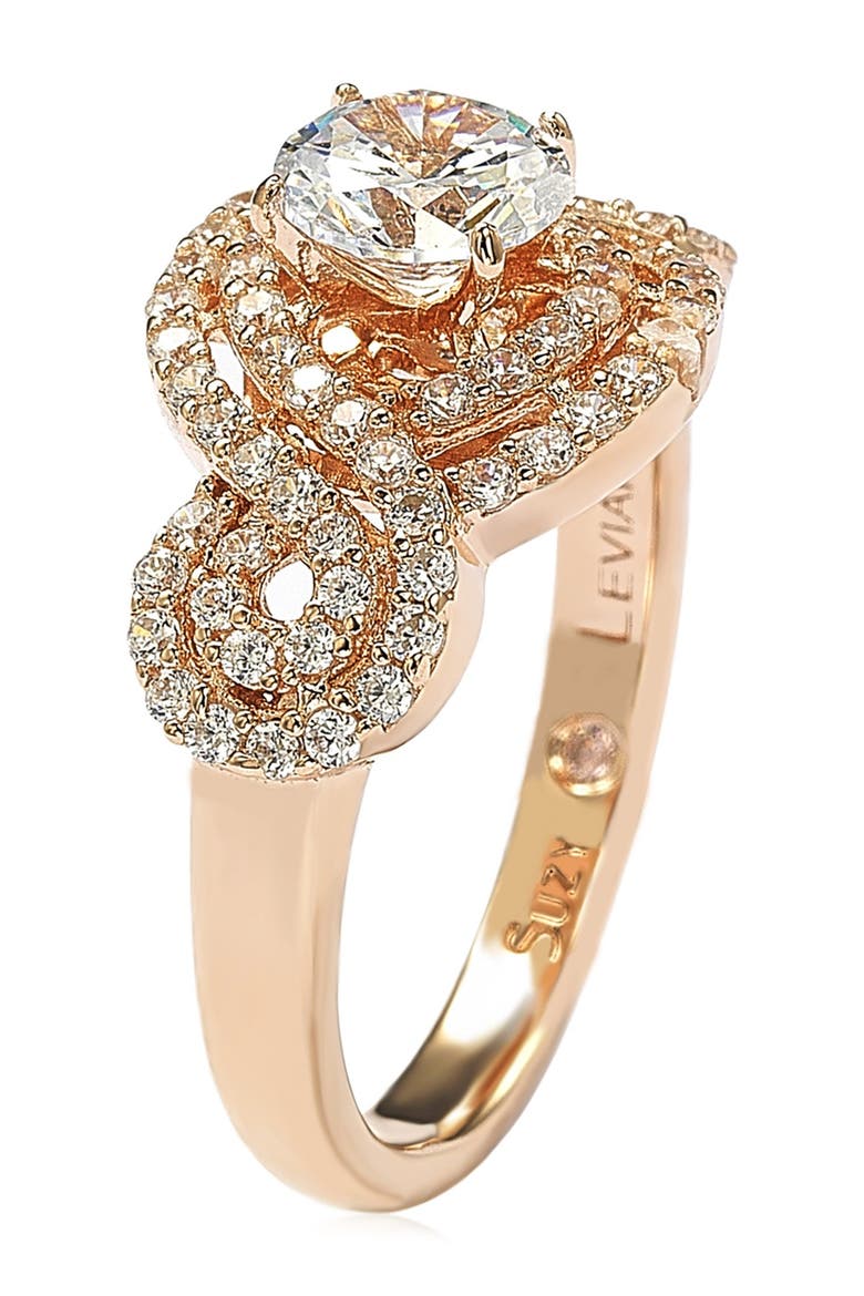 Rose Plated Sterling Silver Round Cubic Zirconia Halo Engagement Ring, Alternate, color, ROSE