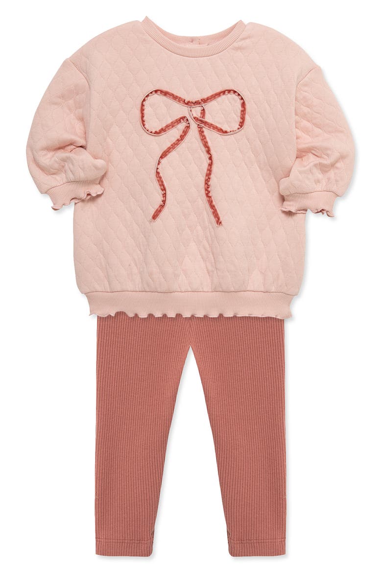 Bow Appliqué Quilted Crewneck Sweatshirt & Ribbed Leggings Set, Alternate, color, PINK