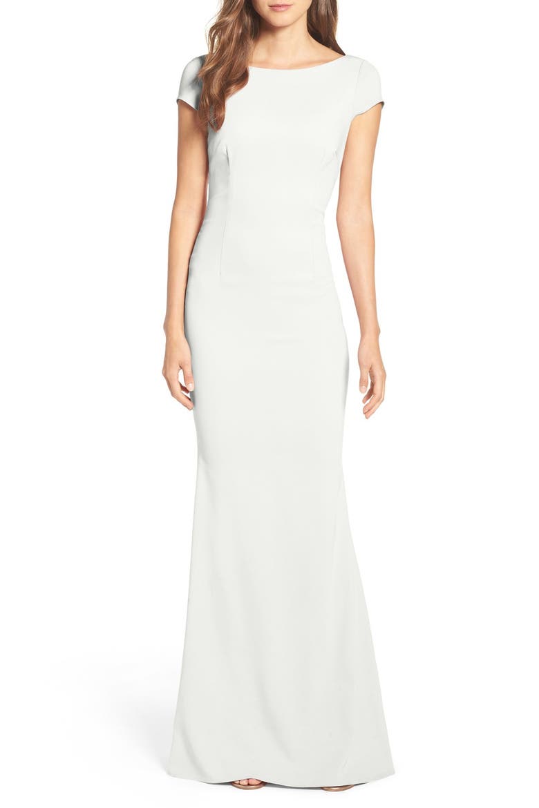 Intrigue Plunge Knot Back Gown, Main, color, IVORY