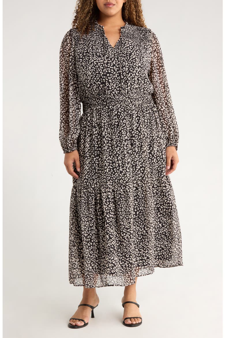 The Leyla Print Smocked Long Sleeve Maxi Dress, Main, color, BLACK DUNE CHEETAH