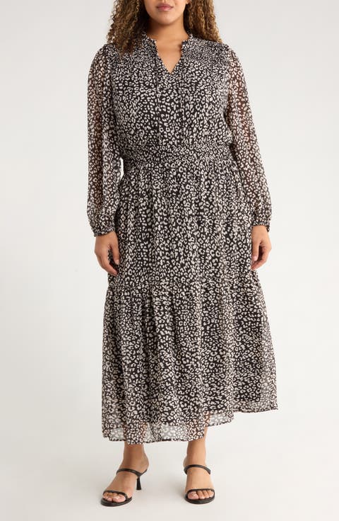 The Leyla Print Smocked Long Sleeve Maxi Dress (Plus)