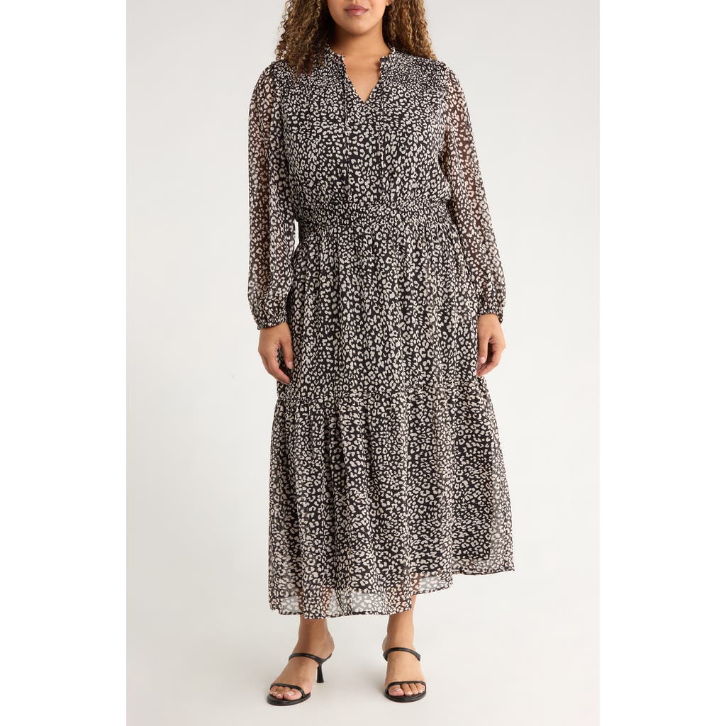 Gibsonlook The Leyla Print Smocked Long Sleeve Maxi Dress In Gray