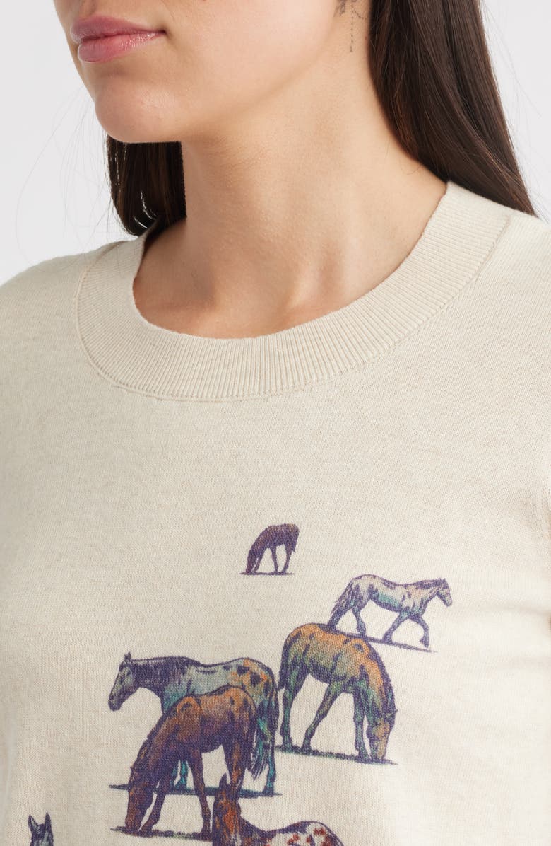 Pendleton Wild Horse Print Short Sleeve Cotton Sweater, Alternate, color, Ecru