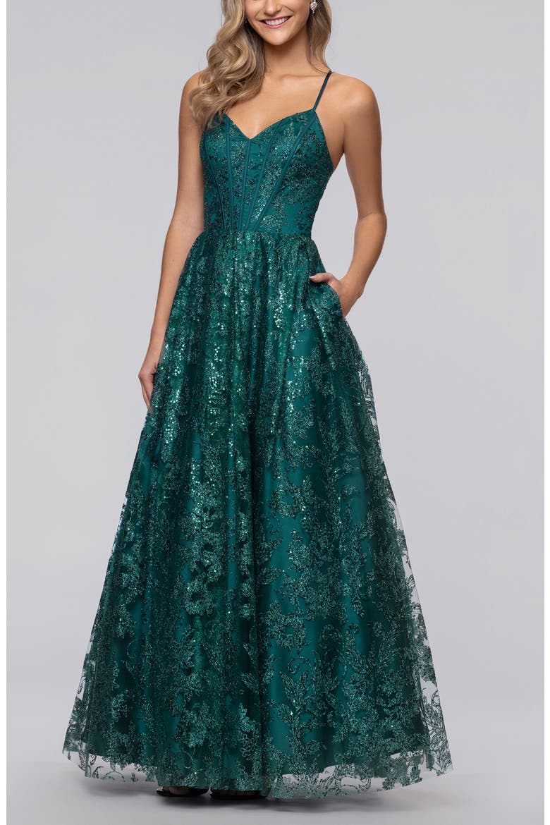 Glitter Corset Sleeveless Gown, Main, color, TEAL