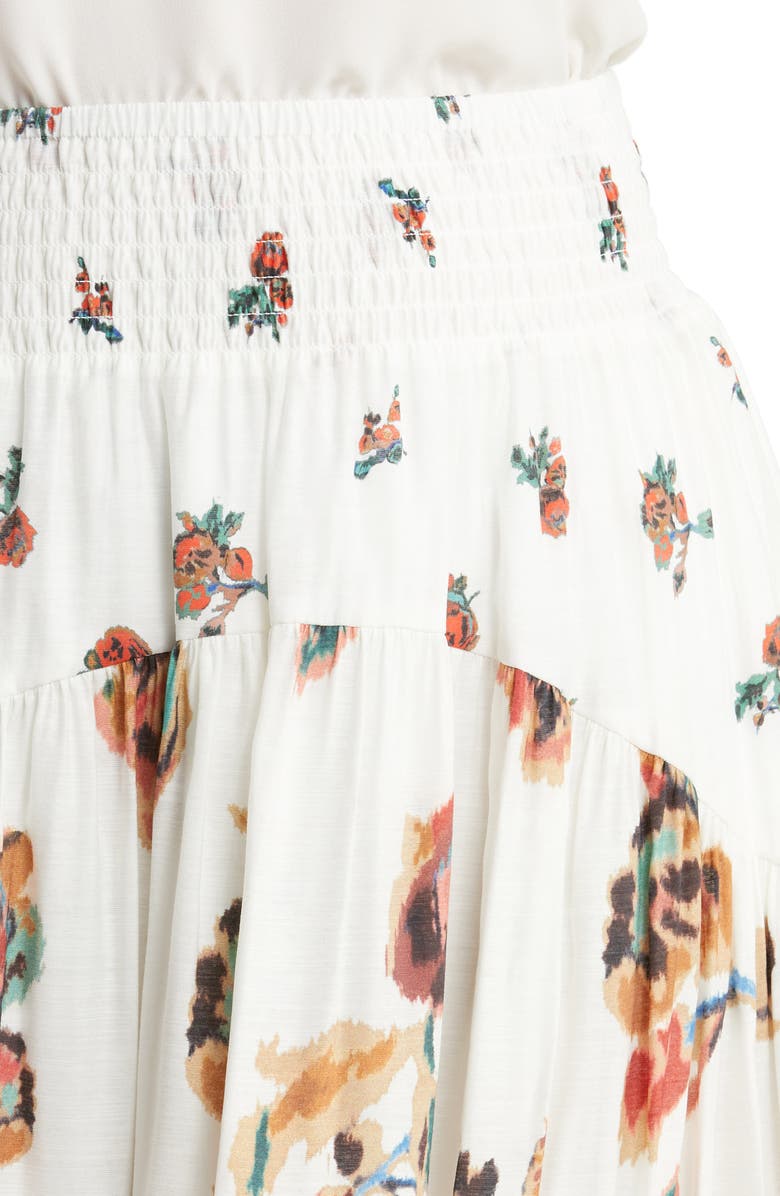 Vince Ikat Smocked Floral Print Skirt, Alternate, color, Optic White