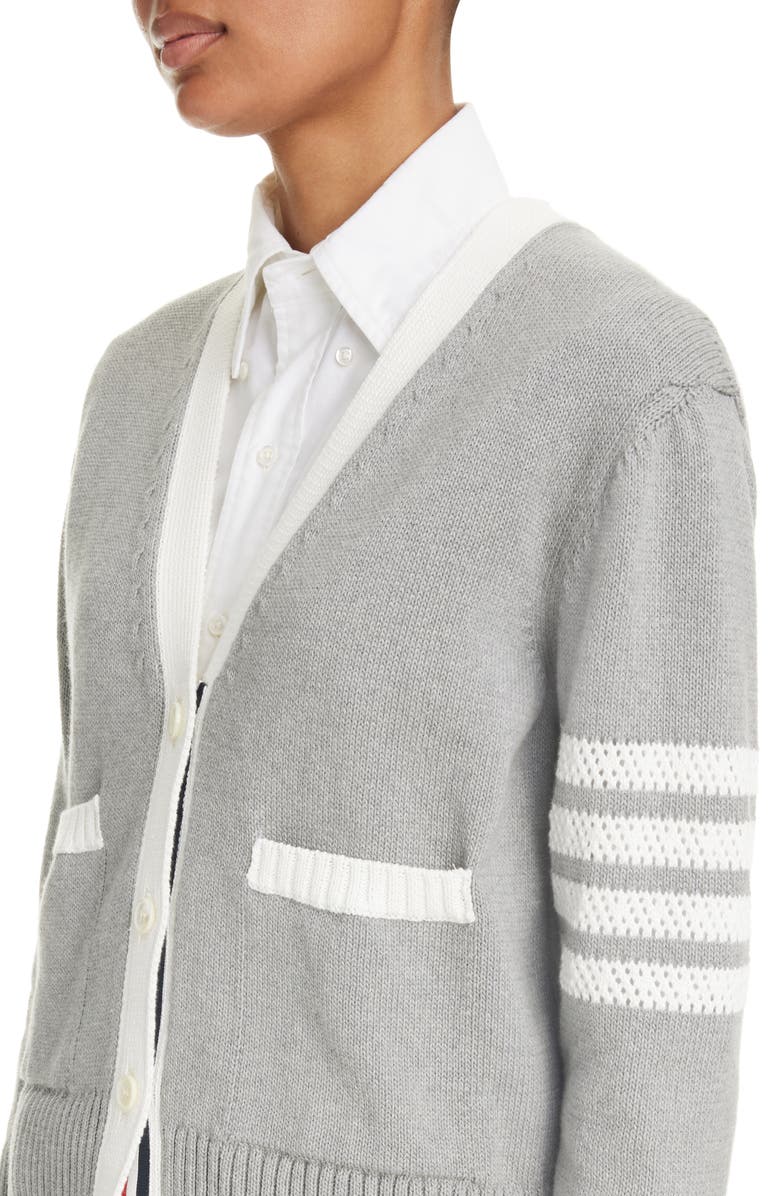 Thom Browne 4-Bar Cotton V-Neck Cardigan, Alternate, color, 
